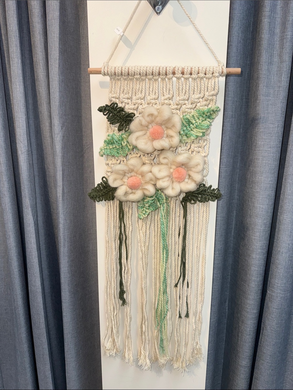 Handmade Cream Floral Macrame Wall Hanging with Green Leaves